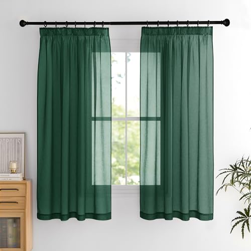 PONY DANCE Voile Gardinen Grün mit Kräuselband Transparent Vorhänge Kurz 2er Set H 160 x B 140 cm Schlafzimmer Vorhang Leinenoptik Luftig Dekoschal, Dunkelgrün von PONY DANCE