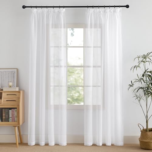 PONY DANCE Wohnzimmer Vorhänge mit Kräuselband für Schiene Gardinen Weiss Transparent 2er Set Vorhang Leinenoptik Gardinen Kräuselband White Curtains Living Room, H 220 x B 140 cm von PONY DANCE