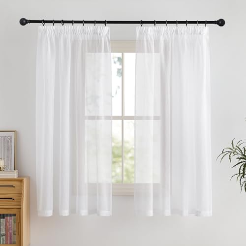 PONY DANCE Vorhang Weiß Transparent Kurze Gardinen mit Kräuselband 2er Set H 160 x B 140 cm Wohnzimmer Vorhänge mit Kräuselband Weiss Gardine Leinenoptik Transparent von PONY DANCE