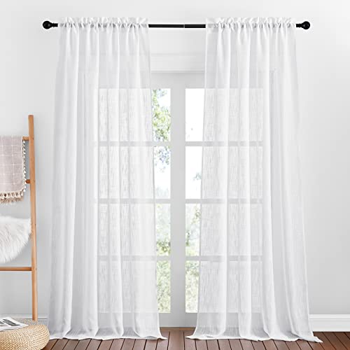 PONY DANCE Gardinen Wohnzimmer Modern - 2 Stücke H 240 x B 132 cm Leinenoptik Vorhang Weiß Halbtransparent Balkontür Vorhänge mit Stangedurchzug von PONY DANCE
