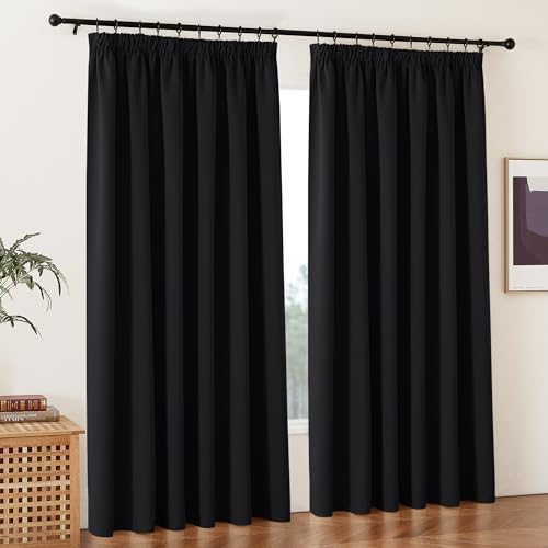 PONY DANCE Vorhänge Blickdicht Kräuselband 2 Stücke Gardinen Schwarz Blickdicht Thermovorhang Verdunkelung Fenstergardinen für Schlafzimmer, H 228 x B 228 cm von PONY DANCE