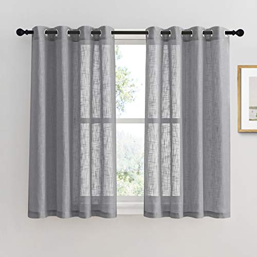 PONY DANCE Vorhänge Kurz Leinenoptik Gardinen für Küche Dekoschals Vorhang Halbtransparent Voile Gardine mit Ösen, 2er Set H 137 x B 132 cm, Dunkelgrau von PONY DANCE