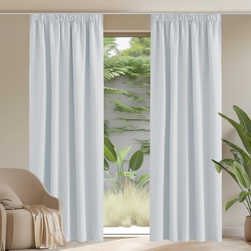 PONY DANCE Thermovorhang Hitzeschutz Kräuselband Gardinen 2er Set H 228 x B 167 cm Wohnzimmer Vorhänge mit Haken für Schienensystem Verdunkelungsvorhang, Grau-weiß von PONY DANCE