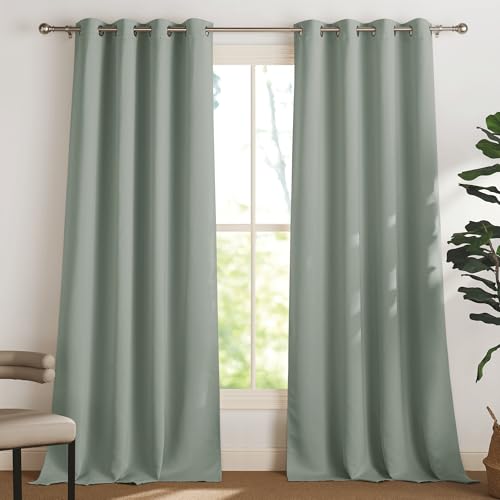 PONY DANCE Vorhänge Wohnzimmer Modern Blickdichte Gardinen Salbeigrün Ösenvorhang 2er Set H245 x B 140 cm Verdunklungsvorhänge Thermovorhang gegen Hitze Übergardinen mit Ösen von PONY DANCE