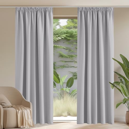 PONY DANCE Vorhang Blickdicht Kräuselband Extra Lange Gardinen und Vorhänge Wohnzimmer Blackout Curtains Living Room 2er Set H 300 x B 140 cm Verdunklungsvorhänge Grau Thermo Gardinen, Silbergrau von PONY DANCE