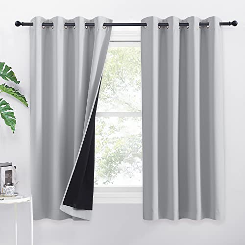 PONY DANCE Vorhang Blickdicht Kurz Ösenschal 2er Set Schlafzimmer Gardinen und Vorhänge Lichtundurchlässig Thermovorhang gegen Hitze Verdunklungsgardine, Silbergrau, H 145 x B 140 cm von PONY DANCE