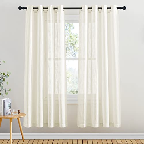 PONY DANCE Vorhang Hellbeige Leinenoptik 2er Set H 180 x B 132 cm Halbtransparente Gardinen Landhausstil für Wohnzimmer Deko Vorhänge mit Ösen von PONY DANCE