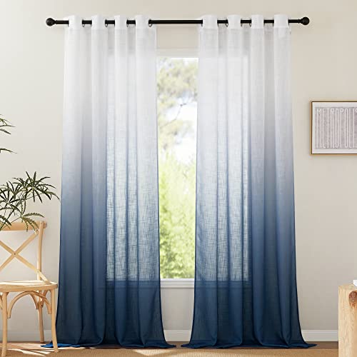 PONY DANCE Vorhang Leinenoptik Gardienen 2-Set H 220 x B 140 cm Farbverlauf Gardinen im Landhausstil Halbtransparente Vorhänge für Wohnzimmer Deko Fenstergardinen Halbtransparent, Dunkelblau von PONY DANCE