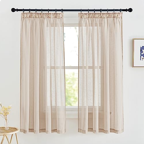 PONY DANCE Vorhang Leinenoptik Kurze Gardinen im Landhaussil Kräuselband Vorhang Halbtransparent Beige Grdinen mit Kräuselband für Küchenfenster, 2er Set H 160 x B 140 cm von PONY DANCE