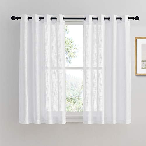 PONY DANCE Vorhang Leinenoptik Kurze Gardinen mit Ösen 2er Set H 145 x B 140 cm Vorhänge Weiss Halbtransparent Küche/Wohnzimmer Gardine für Kleine Fenster, Weiß von PONY DANCE