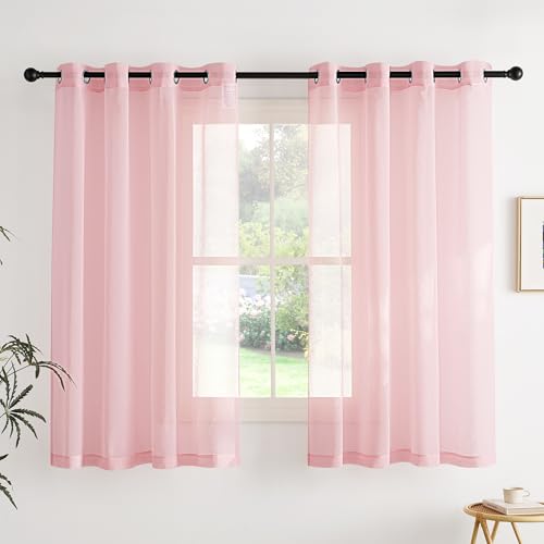 PONY DANCE Kinderzimmer Vorhang Rosa Transparent Voile Gardinen Ösenvorhang 2er Set H 160 x B 140 cm Schlafzimmer Vorhänge Kurz Durchlässig Gardine Leinenoptik Ösenschal Luftig Dekoschal von PONY DANCE