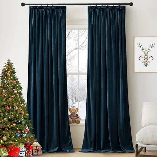 PONY DANCE Vorhang Samt Kräuselband Wohnzimmer Gardinen Samt 2er Set H 240 x B 132 cm Samtvorhänge (Gewicht: 300g/m²) Verdunkelungsvorhang Schiene Thermogardine Kälteschutz, Dunkelblau von PONY DANCE