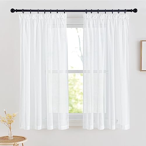PONY DANCE Vorhang Weiss Halbtransparent Gardinen mit Kräuselband Kurz 2er Set H 145 x B 140 cm Leinenoptik Vorhänge für Küche & Badezimmer Kleine Fenster Weiße Gardine von PONY DANCE