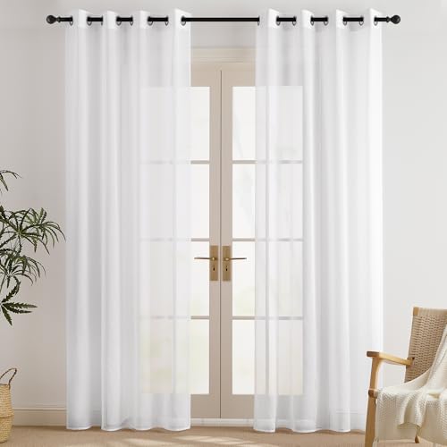 PONY DANCE Vorhang Weiß Transparent mit Ösen 200cm Hoch Voile Gardinen Wohnzimmer Modern Leinenoptik Vorhänge Weiss Durchlässig Ösenvorhang 2er Set H 200 x B 140 cm von PONY DANCE