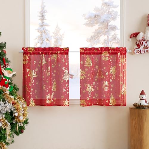 PONY DANCE Weihnachts Scheibengardinen Küche Fenstervorhang Dekoration Curtains Transparente Gardinen Kurz Rot Vorhang mit Stangedurchzug 2er Set B 60 x H 60 cm von PONY DANCE
