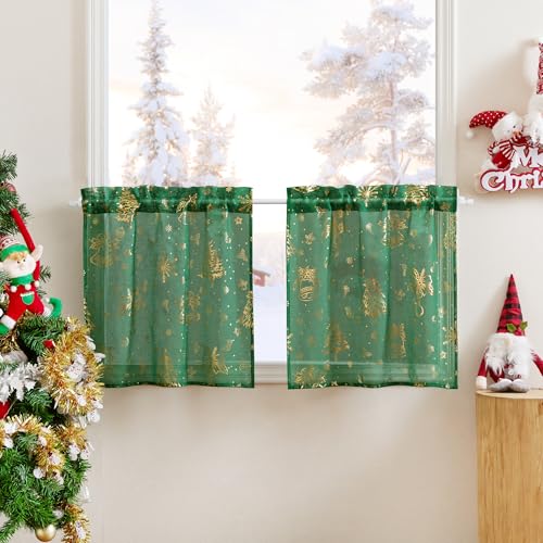 PONY DANCE Weihnachts Scheibengardinen Modern 2er Set B 60 x H 45 cm Vorhänge Dunkelgrün Gardinen Transparent mit Stangedurchzug Fenstervorhang Dekoration Küche von PONY DANCE