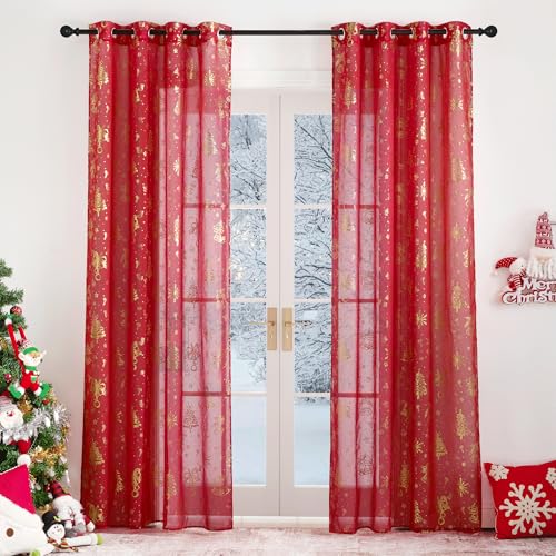 PONY DANCE Weihnachts Vorhang Wohnzimmer Modern Ösenvorhang 2er Set H 245 x B 140 cm Rote Vorhänge Transparent Weihnachtsgardinen mit Goldernem Muster Voile Gardinen Durchsichtig von PONY DANCE