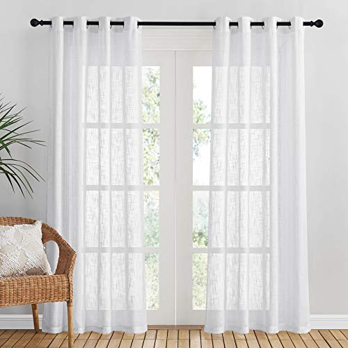 PONY DANCE Vorhang Weiß Transparent Gardienen 2-Set H 210 x B 132 cm Voile Gardinen Wohnzimmer Modern Gardine Leinenoptik Vorhänge Weiss Halbtransparent Ösenvorhang von PONY DANCE