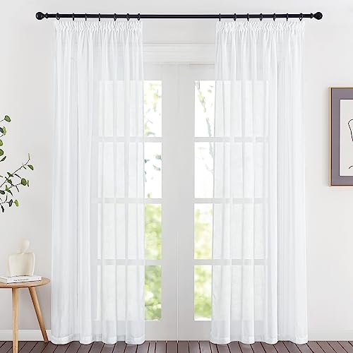 PONY DANCE Weiße Gardinen Leinenoptik Vorhang mit Kräuselband 2er Set H 220 x B 140 cm Vorhänge Weiss Halbtransparent Wohnzimmer Gardine Landhausstil Leinen von PONY DANCE