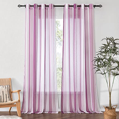 PONY DANCE Wohnzimmer Gardinen Halbtransparent - Ösenvorhang Fenster Voile Gardinen mit Streifenmuster für Schlafzimmer & Kinderzimmer Dekoschals, 2 Stücke H 220 x B 140 cm, Violett+lila Streifen von PONY DANCE