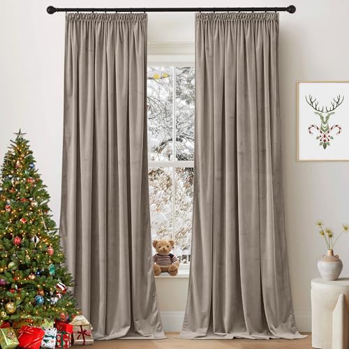 PONY DANCE Wohnzimmer Gardinen Samt Kräuselband (Gewicht: 300g/m²) Samtvorhang Taupe 2er Set H 280 x B 132 cm Thermo Vorhänge gegen Kälte Black Out Curtains Velvet Verdunklungsvorhänge von PONY DANCE