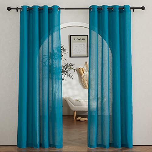 PONY DANCE Wohnzimmer Gardinen im Landhausstil Ösenschal 2er Set H 245 x B 140 cm Leinen Vorhang Halbtransparent Gardinen Leinenoptik Balkontür Gardine Türkis Halbtransparent von PONY DANCE