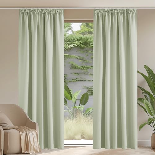 PONY DANCE Wohnzimmer Gardinen mit Kräuselband Vorhang Blickdicht Schiene 2er Set H 245 x B 140 cm Laubgrün, Thermogardinen Hitzeschutz Verdunklungsvorhänge Thermal Curtains von PONY DANCE