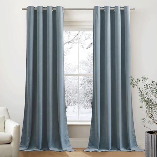 PONY DANCE Wohnzimmer Gardinen mit Ösen Samt Vorhänge Verdunkelung Thermovorhang Kälteschutz Samt Gardinen Wärmeisolierend Velvet Curtains, 2er Set H 240 x B 132 cm, Dunstblau (Gewicht: 300g/m²) von PONY DANCE