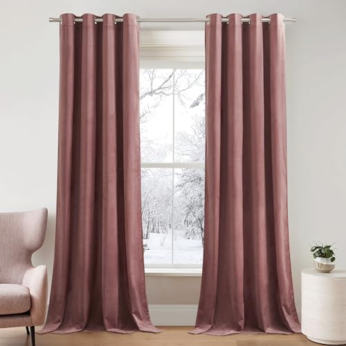 PONY DANCE Wohnzimmer Vorhänge Samt Altrosa Thermovorhang Kälteschutz Samtvorhang Rosa (Gewicht: 300g/m²) Verdunkelnde Gardinen mit Ösen 2er Set H 240 x B 132cm Velvet Curtains Blackout von PONY DANCE