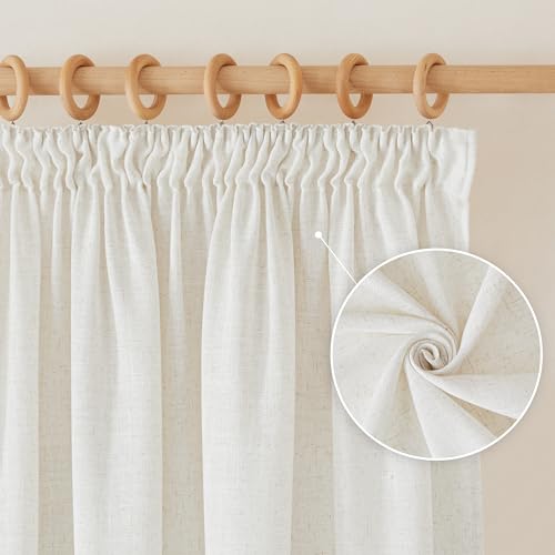 PONY DANCE Wohnzimmer Vorhänge leinen Gardinen mit Kräuselband 2er Set Leinenvorhänge Creme Halbtransparent Boho Vorhänge für Schienensystem Linen Curtains, H 220 x B 140 cm von PONY DANCE