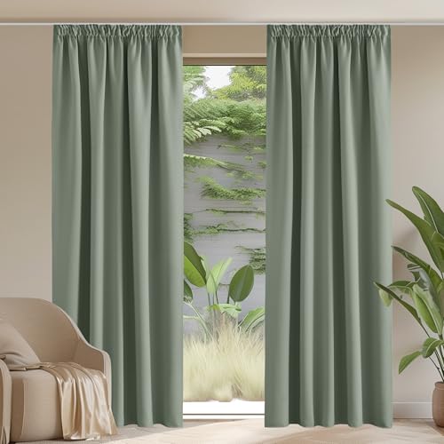 PONY DANCE Wohnzimmer Vorhänge mit Kräuselband für Schiene Extra Breite Gardine Blickdicht 2er Set H 228 x B 167 cm Verdunklungsvorhänge Thermogardine Wärmeisolierend, Salbeigrün von PONY DANCE