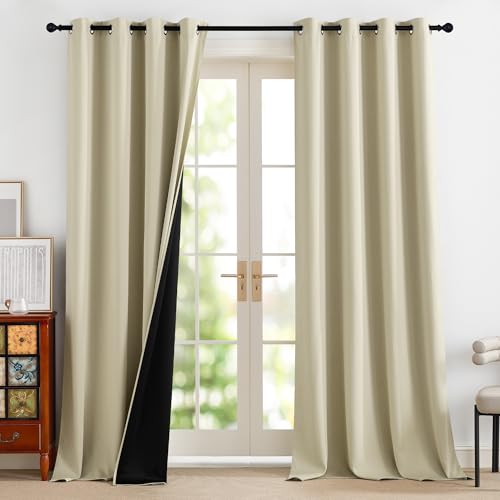 PONY DANCE Wohnzimmer Vorhang Thermo Hitzeschutz Ösenschal Blickdicht 2er Set H 245 x B 140 cm 100% Verdunklungsgardine mit Ösen Abdunkelnde Vorhänge Wärmeisolierend, Hellbeige von PONY DANCE