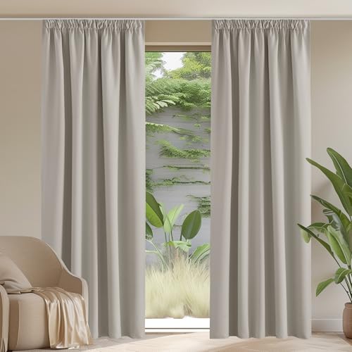 PONY DANCE Wohnzimmer Vorhänge mit Kräuselband 2er Set Übergardinen Blickdicht Thermo Gardinen Hitzeschutz Verdunkelungsvorhang für Schienensystem, Natur, H 245 x B 140 cm von PONY DANCE