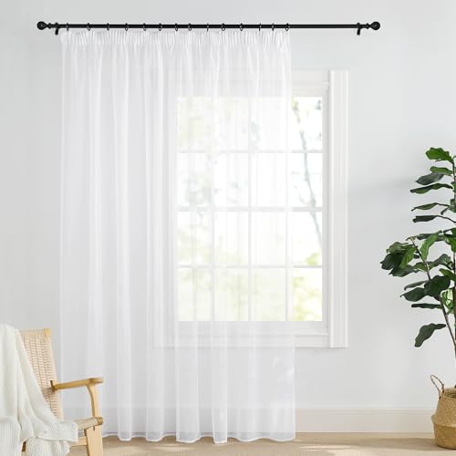 PONY DANCE Wohnzimmer Vorhang mit Kräuselband für Schienen 1er Set H 245 x B 300 cm Extra Breite Gardine Weiß Transparent Voile Sheer Curtains with Rail Hooks for Bedroom von PONY DANCE