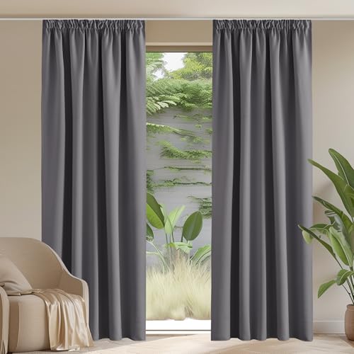 PONY DANCE Schienen Gardinen und Vorhang Grau Blickdicht 2er Set Verdunklungsvorhänge mit Kräuselband Thermogardine gegen Kälte Blackout Curtains Living Room, H 228 x B 167 cm von PONY DANCE