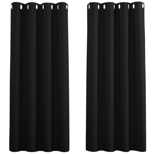 PONY DANCE Gardinen Schwarz Blickdicht Thermovorhang Ösenschal 2er Set Verdunklungsvorhänge Schlafzimmer Gardinen mit Ösen Blackout Curtain, H 137 x B 117 cm von PONY DANCE