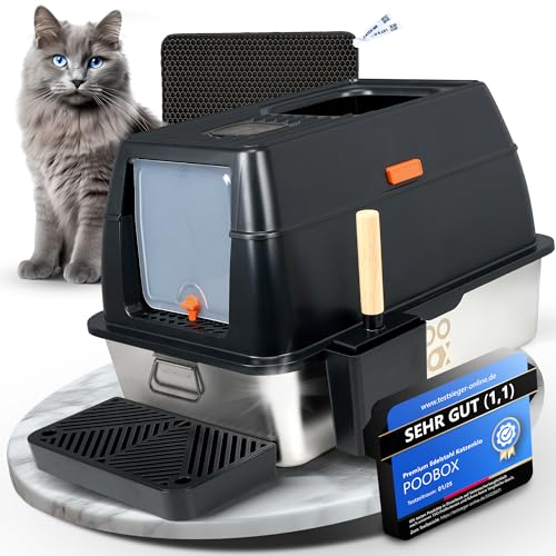 POOBOX® Katzenklo Edelstahl mit Deckel, Katzentoilette Edelstahl geschlossen, 60x40cm, Katzenklo Metall mit Griffen, Stainless Steel Cat Litter Box, Set: Schaufel, Matte & Stufe, Einstieg oben schwarz von POOBOX