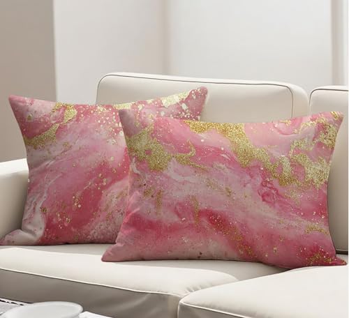 Kissenbezug 25x45 cm Rosa Sofakissen 2er Set Marmor Dekokissen mit Unsichtbarem Reißverschluss, Leinen Atmungsaktive, Langlebige Rechteck Kissenbezüge für Sofa Schlafzimmer Deko Wohnzimmer R-529 von POOJNNPP