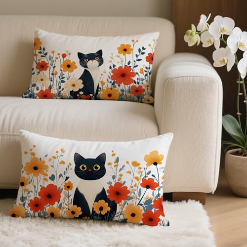 Kissenbezug 30x60 cm 2er Set Tier Outdoor Kissen Rechteckig, Outdoor Wetterfest Kissenbezüge mit Unsichtbarem Reißverschluss, Leinen Sofakissen Katze Kopfkissenbezug für Deko Wohnzimmer Garten Q-2132 von POOJNNPP