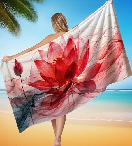 Strandtuch 100x180 cm Mikrofaser Handtuch, Strandtuch Rot Lotus Saunahandtuch Saugfähig Sandfreies Schnell Trocknendes Stranddecke, Weiches Strandhandtuch xxl für Damen Herren Reise Urlaub P-8290 von POOJNNPP
