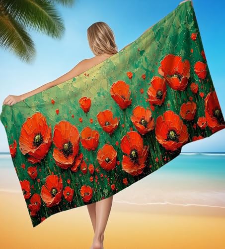 Strandtuch XXL 100x150 cm Mikrofaser Handtuch Mohn Rot Saunahandtuch Groß Stranddecke, Sandfreies Schnell Trocknendes Strandtuch Damen Herren für Reise Urlaub Campin mit Wasserdicht Tasche P-8493 von POOJNNPP