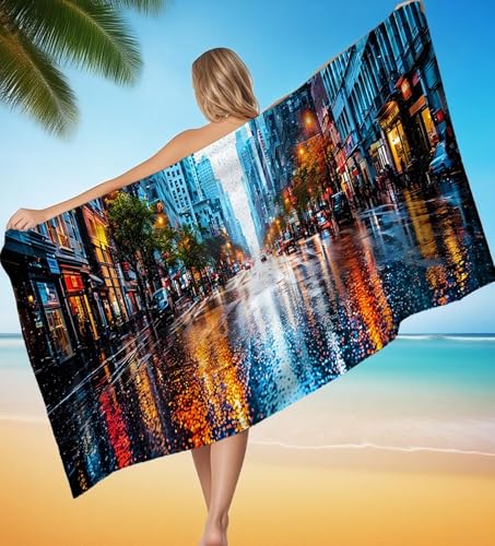Strandtuch XXL 100x150 cm Mikrofaser Handtuch Nachtansicht Straße Saunahandtuch Hamamtuch Groß Stranddecke, Sandfreies Schnell Trocknendes Strandtuch Damen Herren für Reise Urlaub Campin P-8469 von POOJNNPP