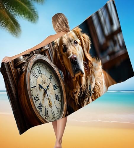 Strandtuch XXL 100x200 cm Mikrofaser Handtuch Golden Retriever Tier Saunahandtuch Hamamtuch Groß Stranddecke, Sandfreies Schnell Trocknendes Strandtuch Damen Herren für Reise Urlaub Campin P-8159 von POOJNNPP