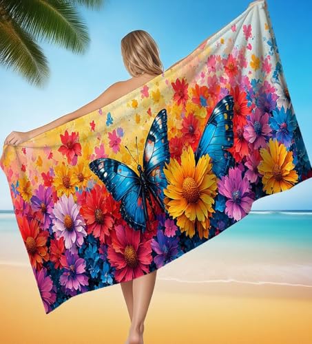 Strandtuch XXL 100x200 cm Mikrofaser Handtuch Schmetterling Blume Saunahandtuch Hamamtuch Groß Stranddecke, Sandfreies Schnell Trocknendes Strandtuch Damen Herren für Reise Urlaub Campin P-8507 von POOJNNPP