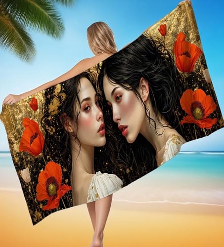 Strandtuch XXL 75x150 cm Mikrofaser Handtuch Blume Frauen Saunahandtuch Groß Stranddecke, Sandfreies Schnell Trocknendes Strandtuch Damen Herren für Reise Urlaub Campin mit Wasserdicht Tasche P-8199 von POOJNNPP