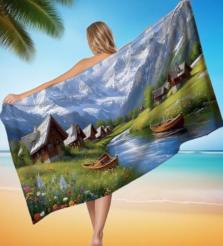 Strandtuch XXL 75x150 cm Mikrofaser Handtuch Kabine Landschaft Saunahandtuch Hamamtuch Groß Stranddecke, Sandfreies Schnell Trocknendes Strandtuch Damen Herren für Campin mit Wasserdicht Tasche P-8271 von POOJNNPP
