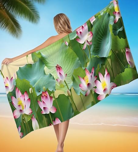 Strandtuch XXL 75x150 cm Mikrofaser Handtuch Lotus Anlage Saunahandtuch Groß Stranddecke, Sandfreies Schnell Trocknendes Strandtuch Damen Herren für Reise Urlaub Campin mit Wasserdicht Tasche P-8331 von POOJNNPP