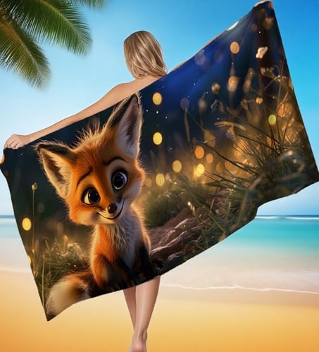 Strandtuch XXL 80x180 cm Mikrofaser Handtuch Fuchs Tier Saunahandtuch Groß Stranddecke, Sandfreies Schnell Trocknendes Strandtuch Damen Herren für Reise Urlaub Campin mit Wasserdicht Tasche P-8429 von POOJNNPP