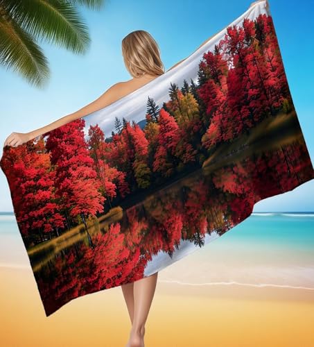 Strandtuch XXL 80x180 cm Mikrofaser Handtuch See Baum Saunahandtuch Hamamtuch Groß Stranddecke, Sandfreies Schnell Trocknendes Strandtuch Damen Herren für Urlaub Campin mit Wasserdicht Tasche P-8537 von POOJNNPP