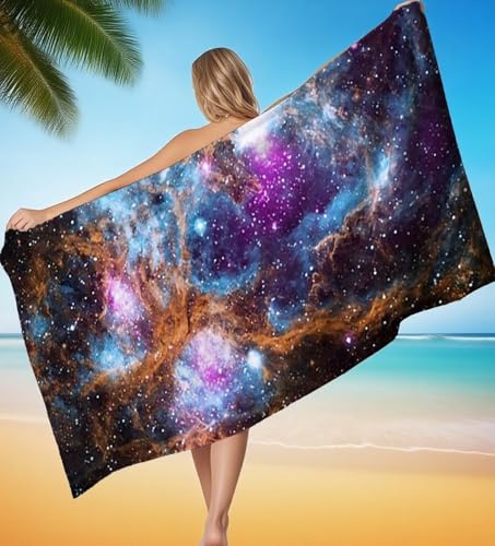 Strandtuch XXL 80x180 cm Mikrofaser Handtuch Sternenhimmel Szene Saunahandtuch Hamamtuch Groß Stranddecke, Sandfreies Schnell Trocknendes Strandtuch Damen Herren Campin mit Wasserdicht Tasche P-8405 von POOJNNPP